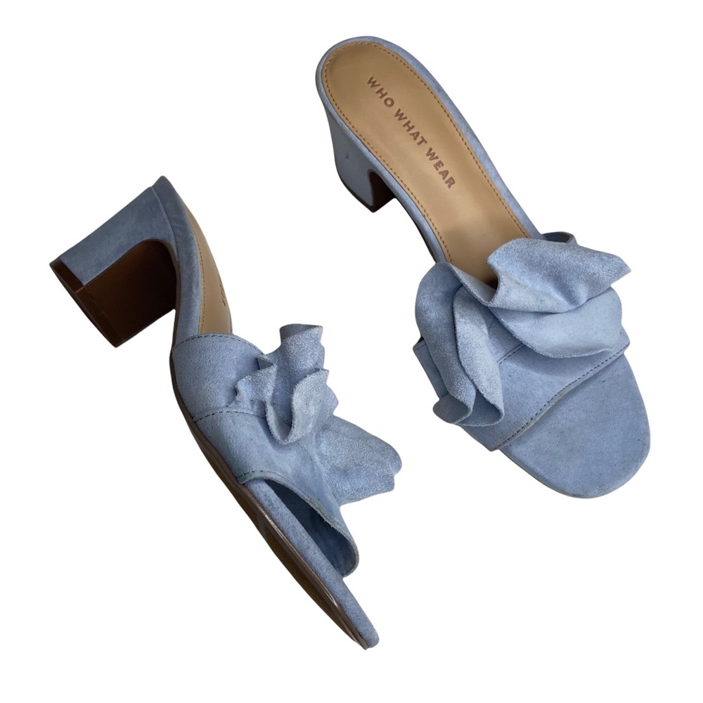 new Who What Wear ꧁ Zadie Ruffled Mule Heels Slide In Sandals ꧂ Blue Vegan Suede - Picture 12 of 16